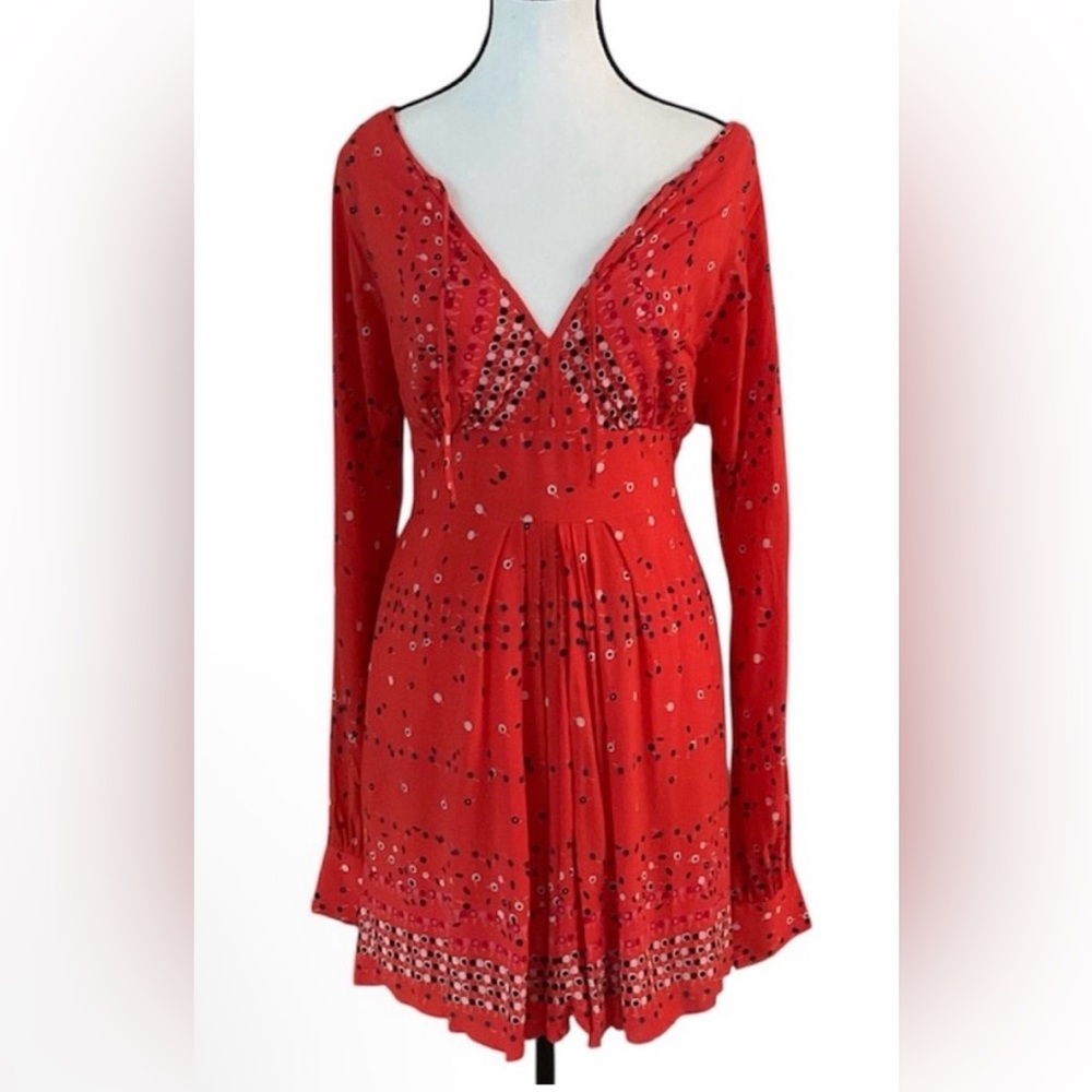 Free People Coryn Coral Print Pleated Cut Out Dress Long Sleeve Size 10 - Picture 2 of 9
